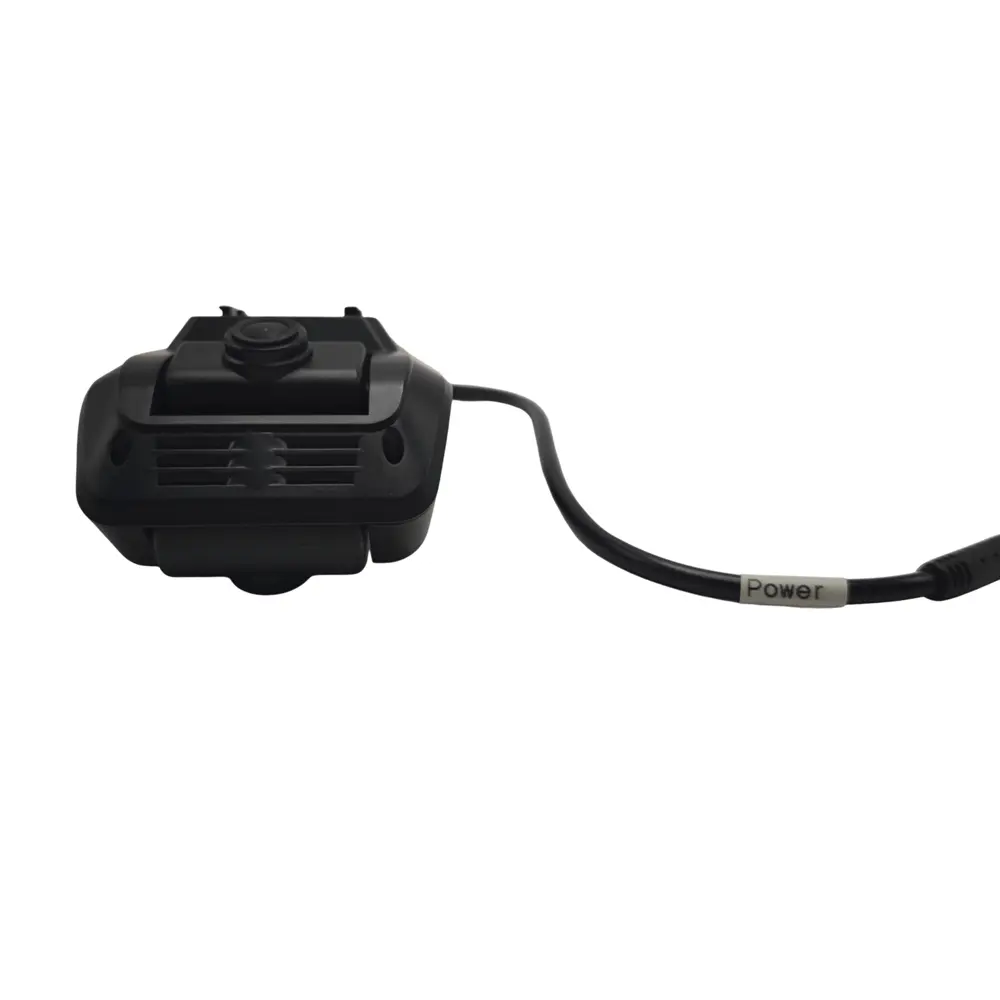 2 lens GPS dashcam power cable with labeled connector and rear camera port