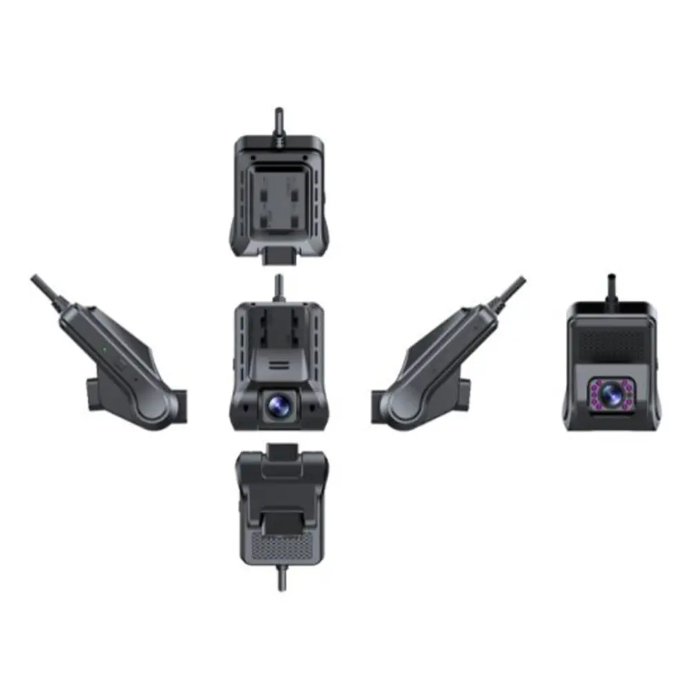 Multi-angle view of 2 lens GPS dashcam showing front, side, top, and bottom profiles