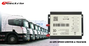 GV100S 4G GPS Speed Limiter and Tracker device wiring diagram next to a fleet of commercial trucks.