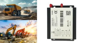 GV100S GPS speed limiter for mining equipment, shown with heavy-duty dump trucks and excavators in a quarry.