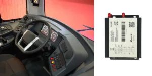 GV100S bus speed limiting device installed in a modern commercial bus cockpit with digital dashboard.