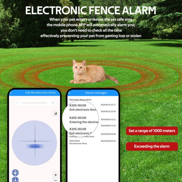 the GEO-fence etting interface in the APP displays a circular safety zone on the map and alert will triggered if pet go out of the set area.