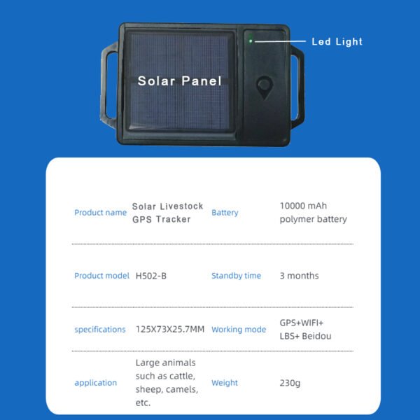 parameter of gps livestock tracker with solar panel attached to a cow's collar