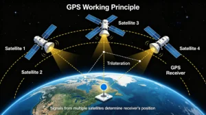 GPS positioning principle showing why 4 satellites are needed for location and time error correction